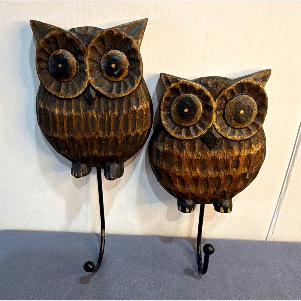 World Market Carved Wood Owl Wall Hooks Set of 2 Matching Pair Boho Rustic Key